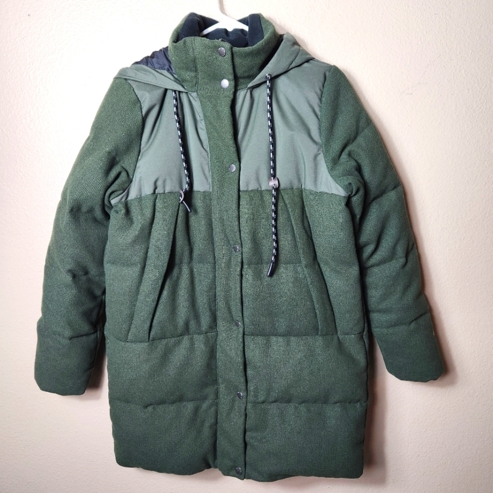 Eddie Bauer Womens Olive Wool Blend Hooded Down Puffer Coat-Size S